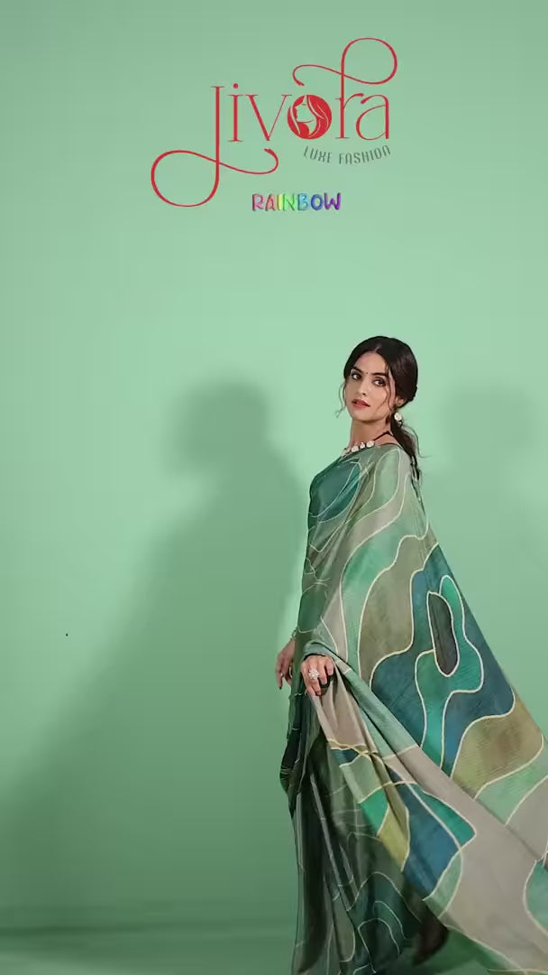 Beautiful Digital Printed Green Saree in Soft Crepe Fabric