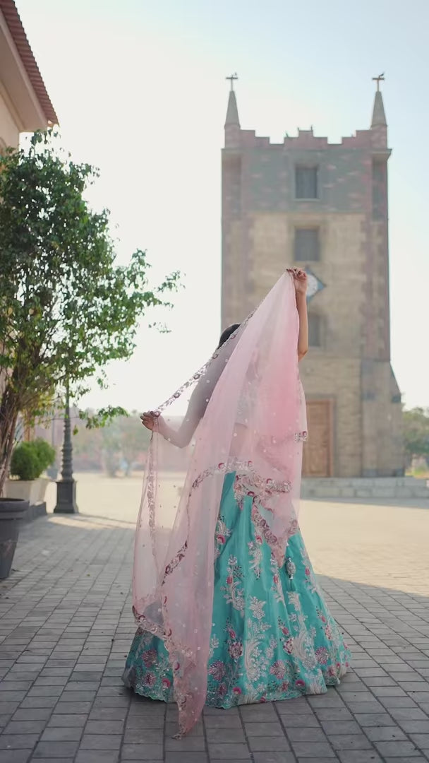Stunning Satin Embroidered Lehenga | Net Dupatta for Grand Look