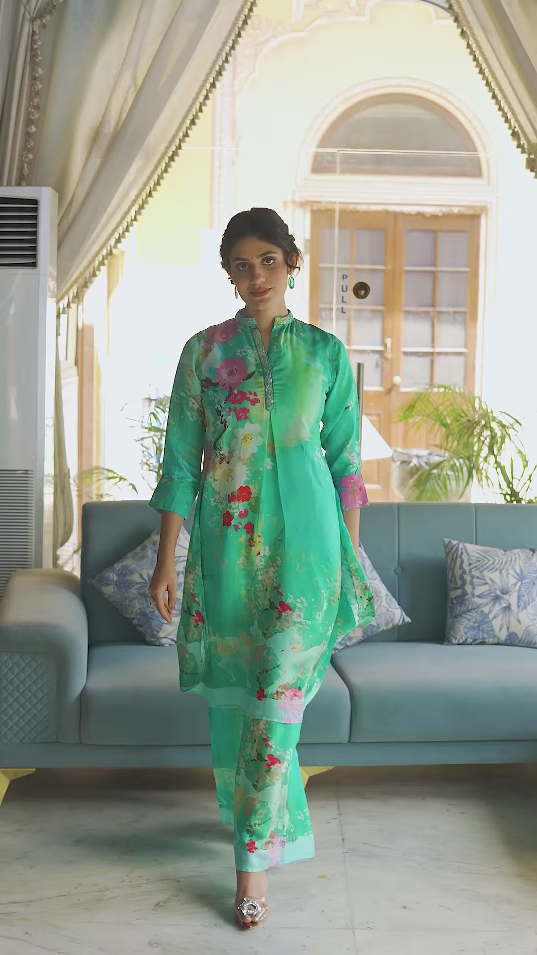 Stylish Sea Green Muslin Set | Designer Co-Ord with Handworked Collar