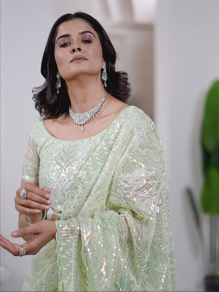 Tissue Net Saree | Designer Multi-Thread & Sequins Cut Work Embroidery