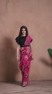 Glamorous Rani Pink Satin Silk Saree with Digital Hand Work