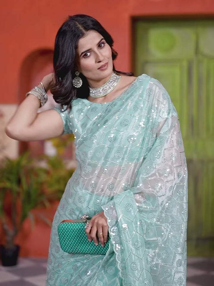 Designer Tissue Net Saree | Pite Embroidery & Sequins Festive Look