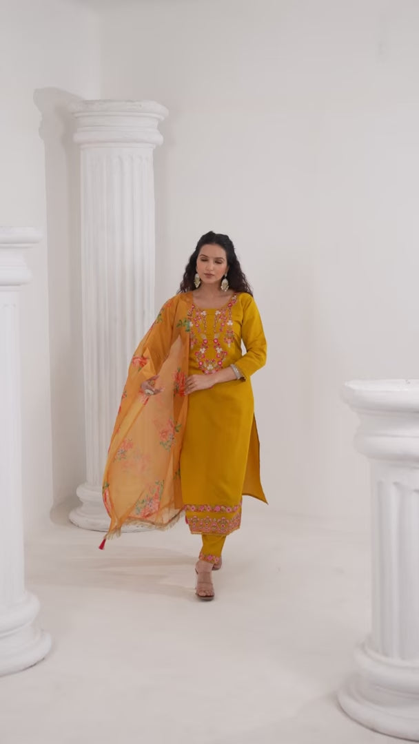Mustard Viscose Chanderi Suit with Silk Dupatta for Haldi Wear