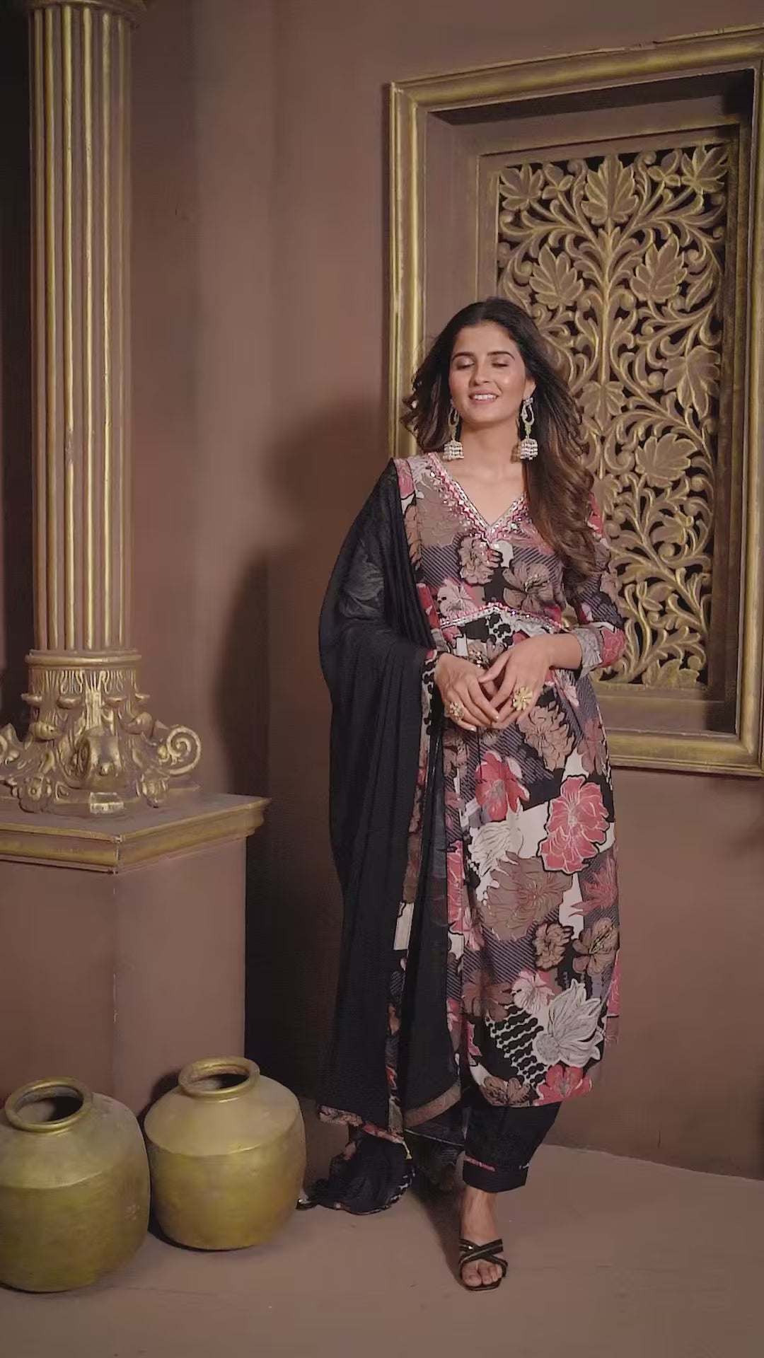 Stylish Black Rayon Punjabi Suit | Handwork V Neck & Najmin Dupatta