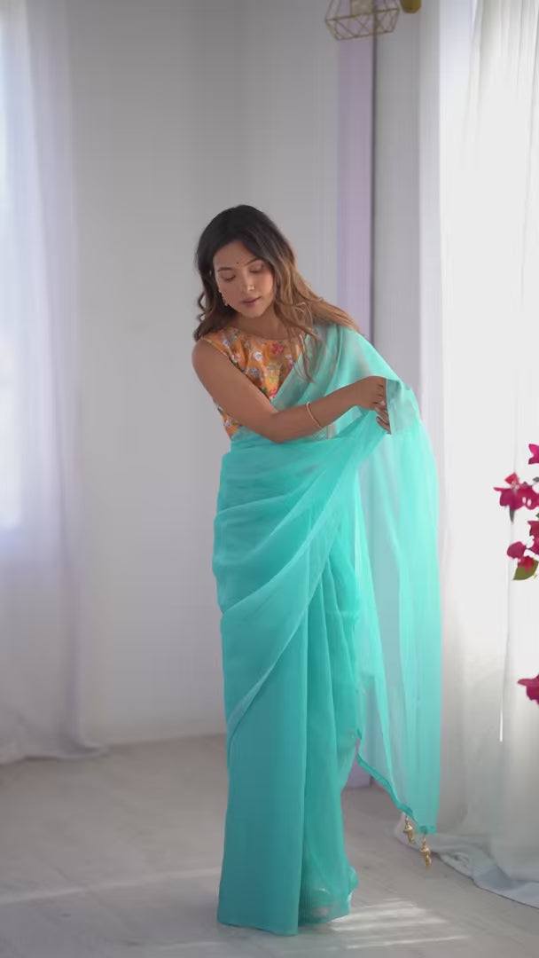 Sky Blue Burberry Art Silk Fancy Saree with Designer Blouse