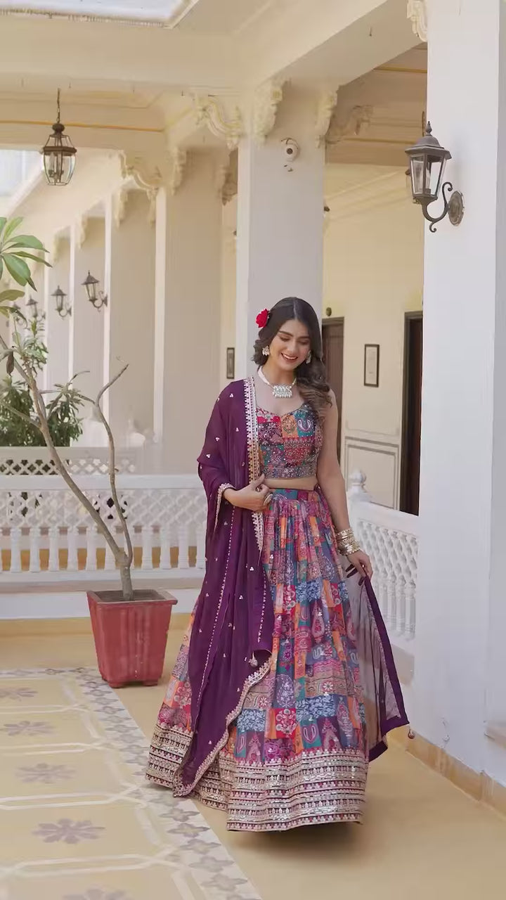 Elegant Multicolor Georgette Lehenga Choli | Digital Print & Embroidery