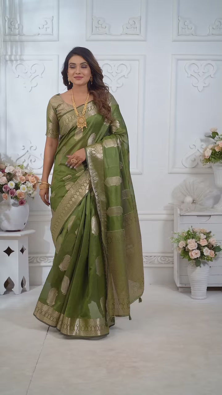 Luxurious Organza Saree | Wevon Gold Jari Embellished for Royal Look