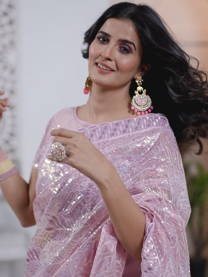 Tissue Net Saree | Designer Multi-Thread & Sequins Cut Work Embroidery