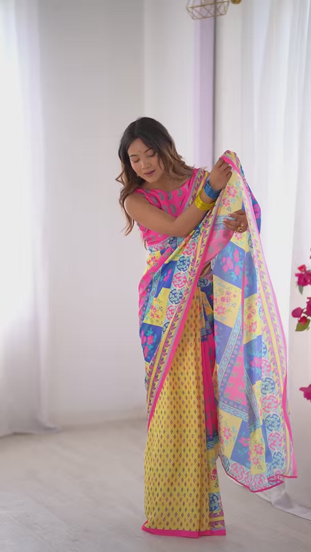 Stylish Multicolor Chinon Saree Fancy Printed Party Wear