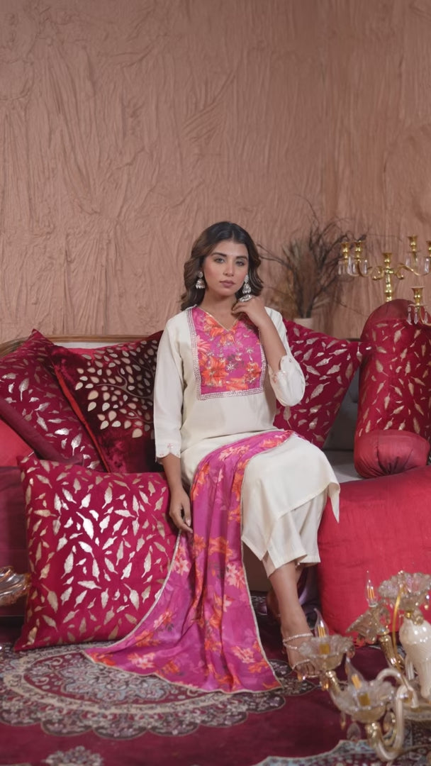 Off White Chanderi Salwar Kameez with Silk Dupatta for Festive Wear