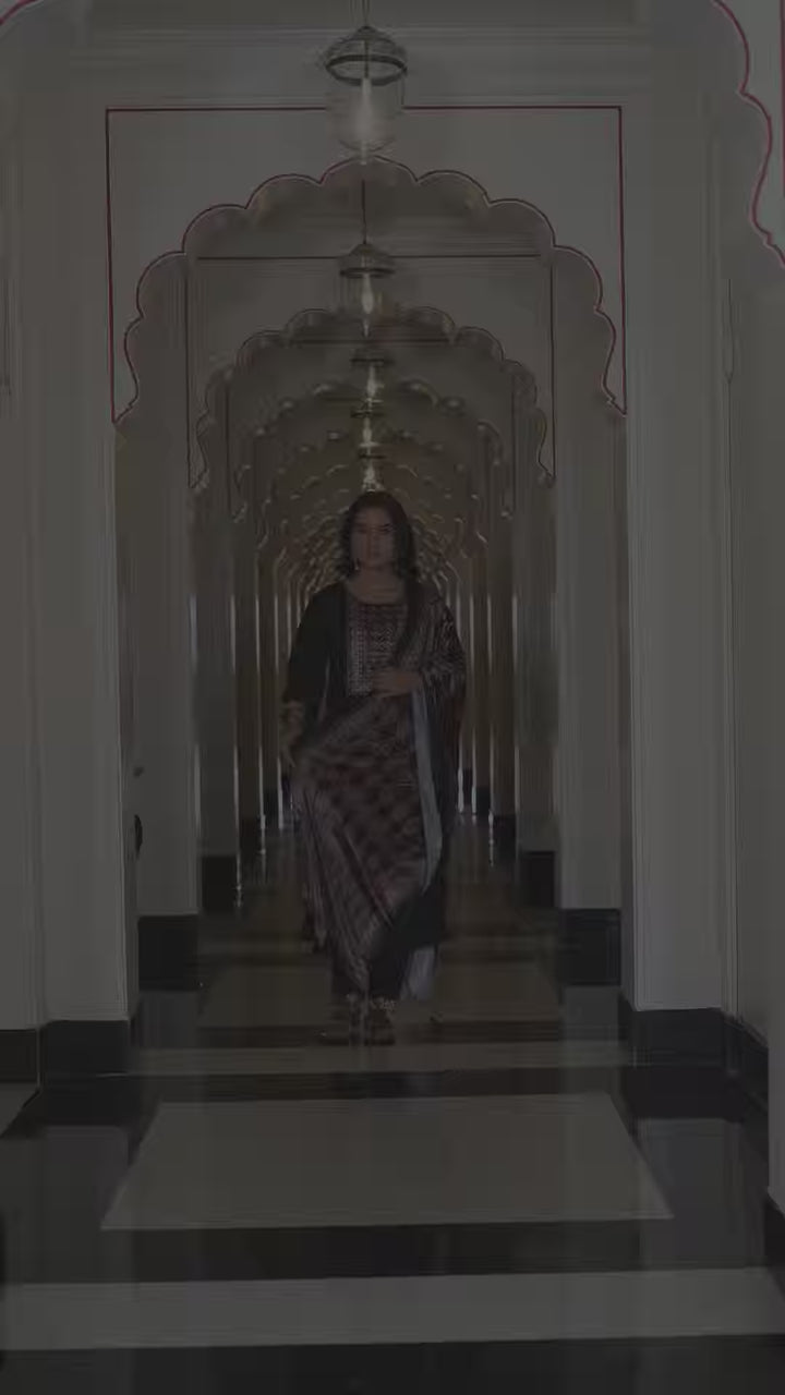Stunning Black Festive Suit | Embroidery & Shimmer Silk Dupatta Set