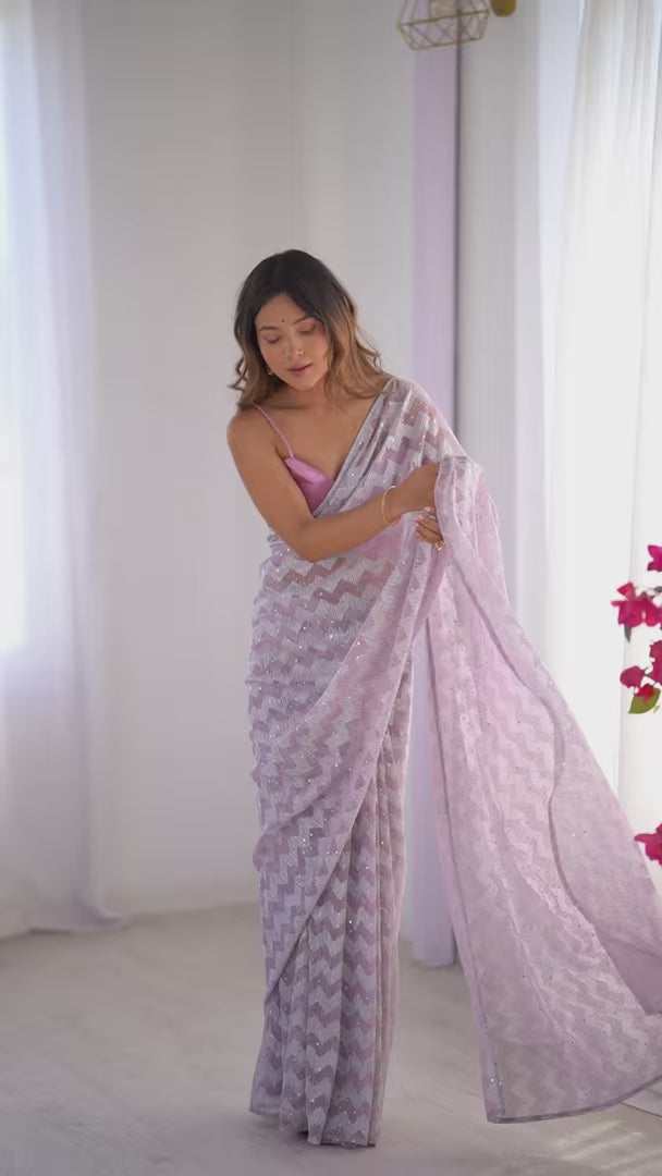 Light Lavender Knitted Saree with Art Silk Blouse for Party Wear