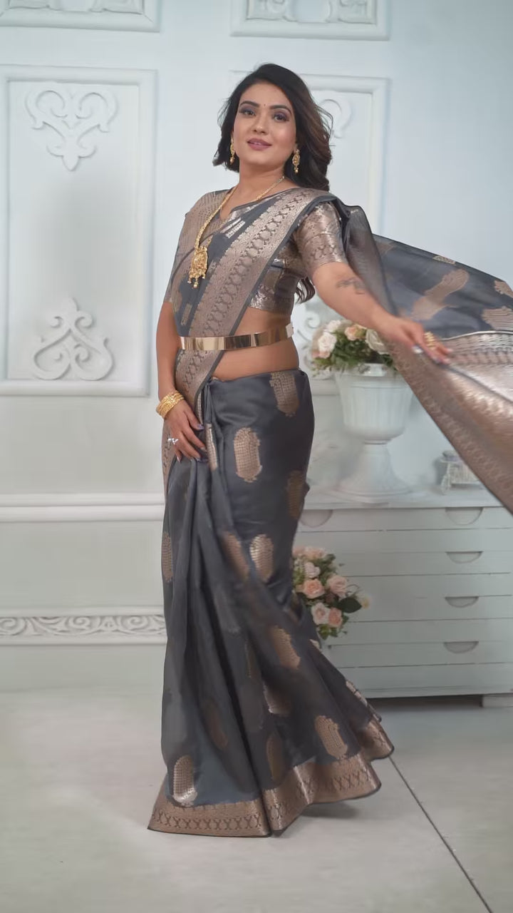 Luxurious Organza Saree | Wevon Gold Jari Embellished for Royal Look