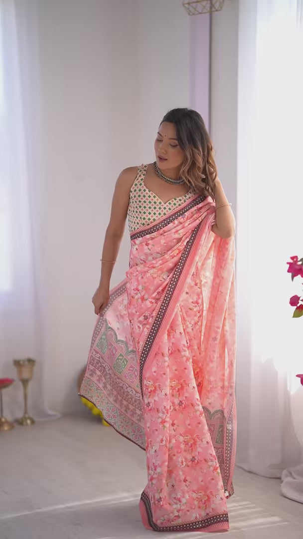 Glamorous Pink Chinon Saree – Perfect for Festive Wear