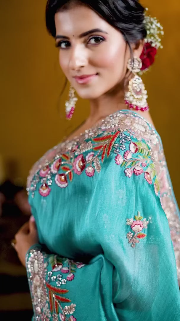 Teal Blue Sare Twill Tissue & Viscose Satin | Heavy Embroidery Wedding Wear