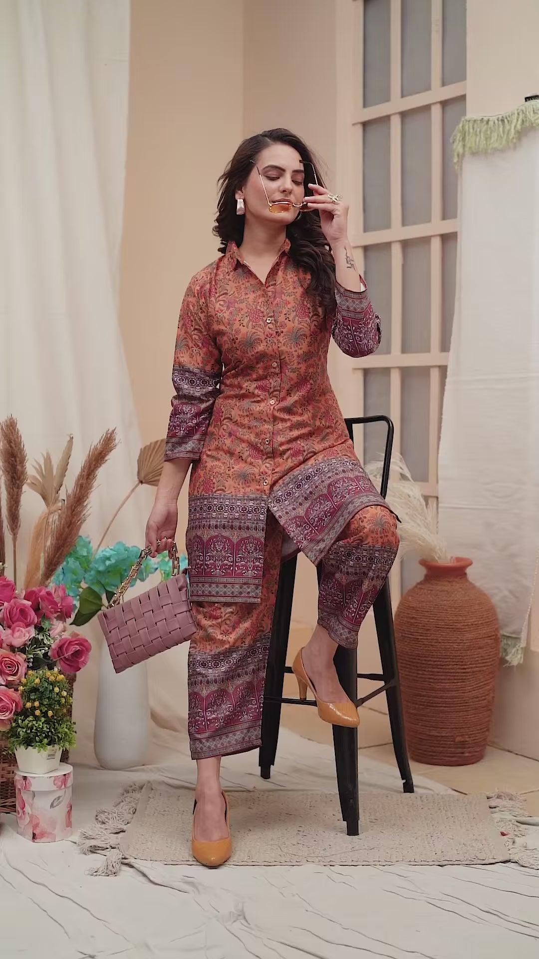 Stylish Mustard Top & Bottom Set | Elegant Rayon Co-Ord Set with Prints