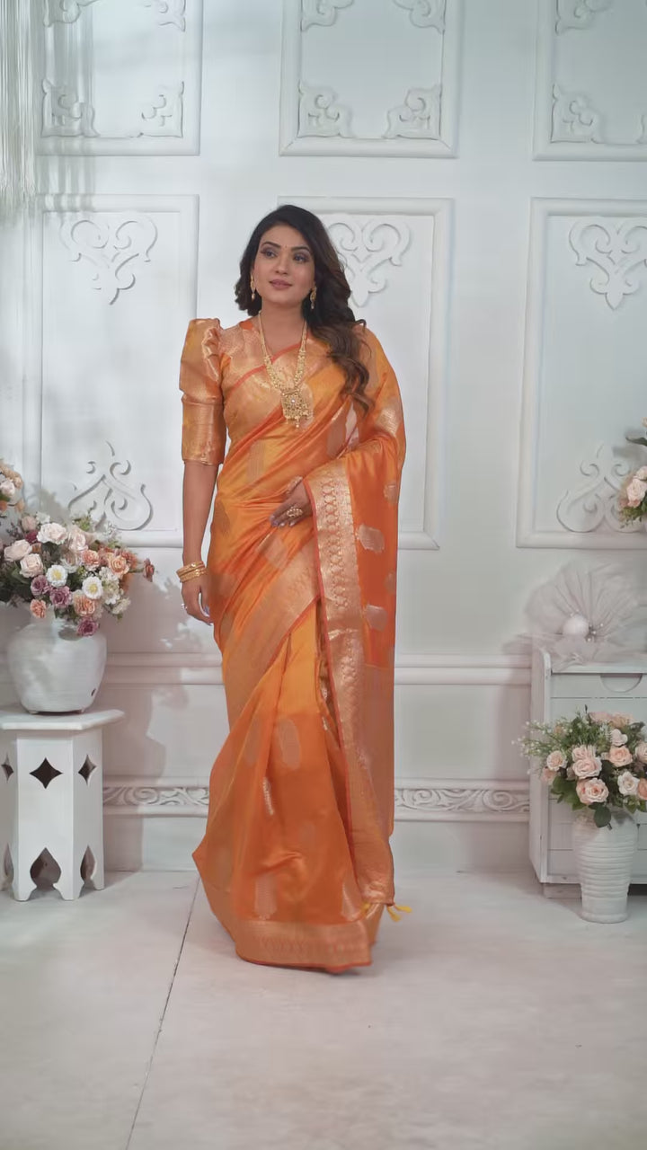 Luxurious Organza Saree | Wevon Gold Jari Embellished for Royal Look