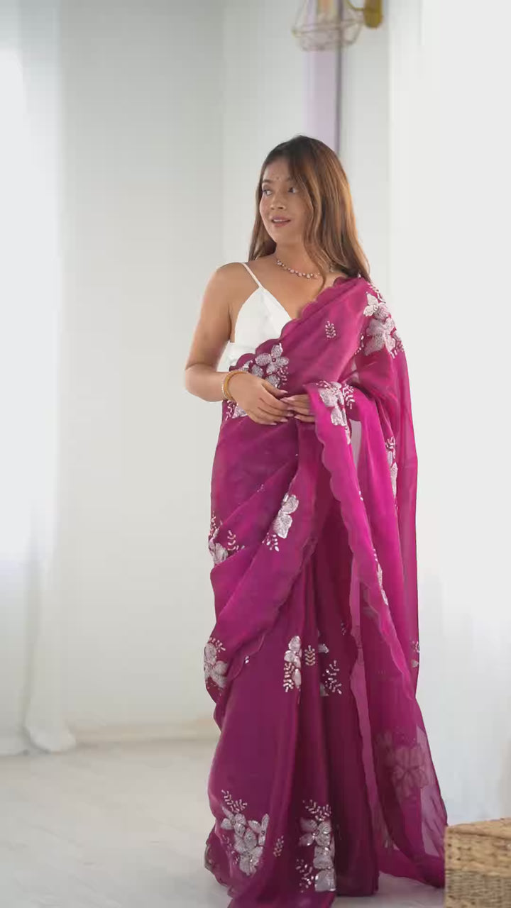 Elegant Jimmy-Choo Fabric Saree | Designer Sequence Embroidery for Weddings