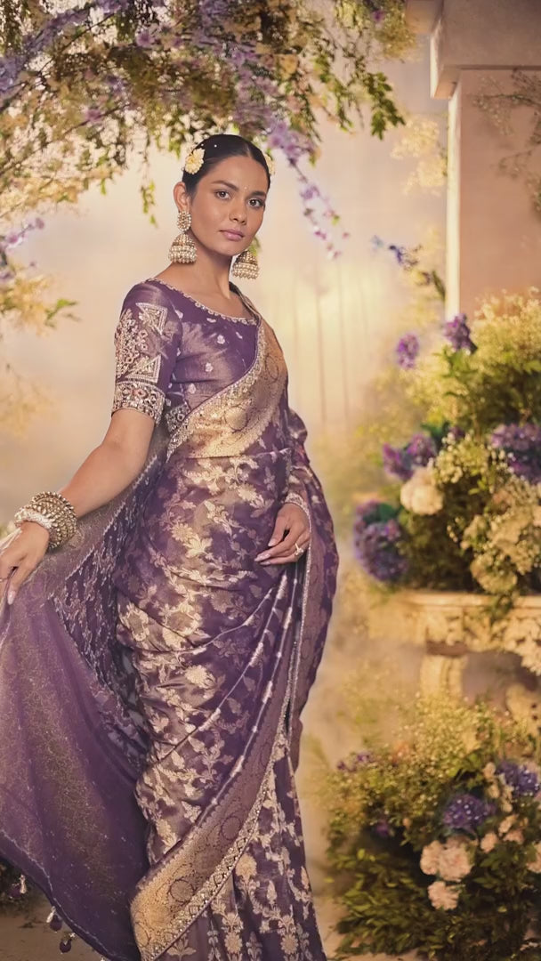 Stylish Purple Saree with Zari Weaving & Sequin Work