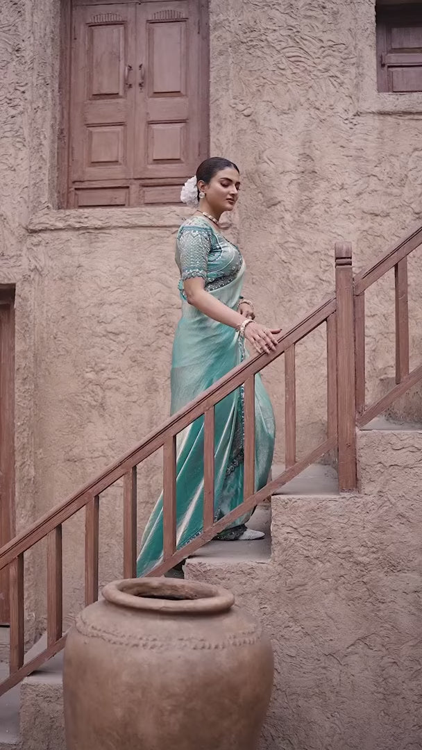 Sea Green Satin Silk Saree | Gradient Design with Hand Embroidery Work