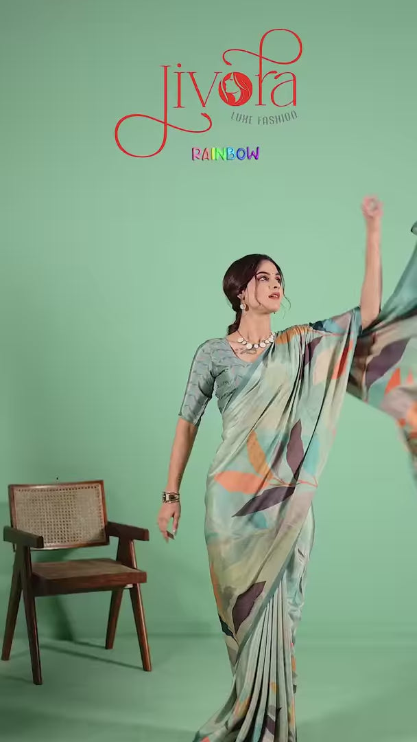Stylish Pastel Green Saree with Digital Print and Matching Blouse