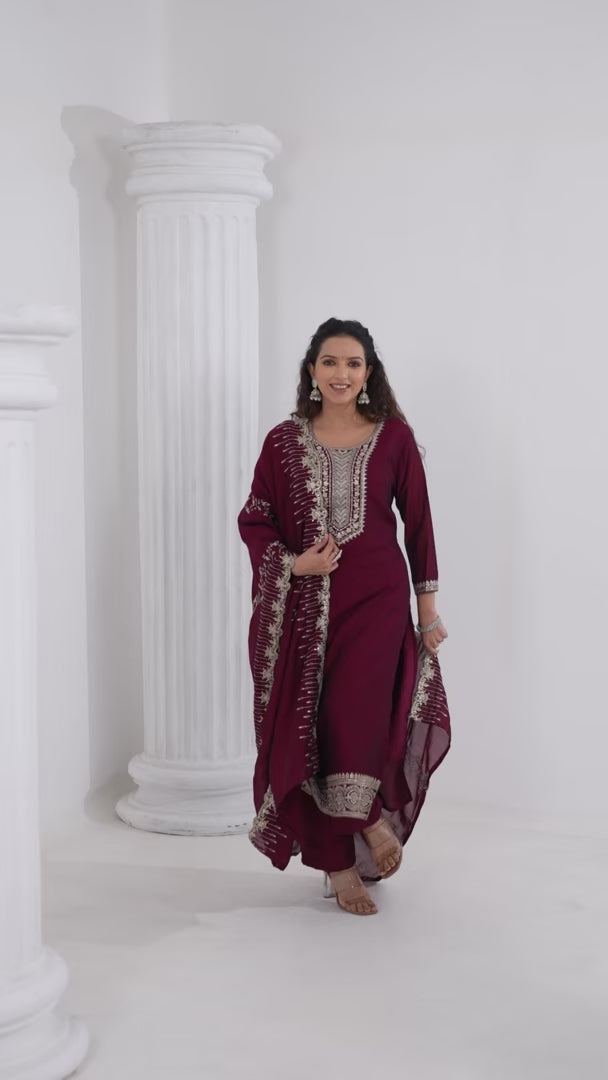 Designer Maroon Vichitra Silk Salwar Kameez for Special Occasions