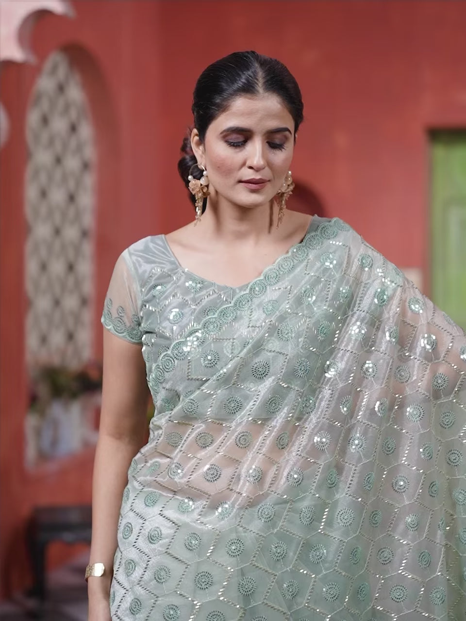 Designer Tissue Net Saree | Pite Embroidery & Sequins Festive Look