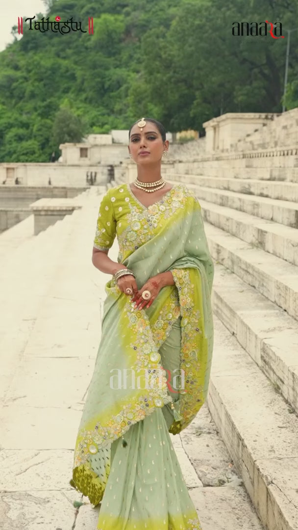 Charming Saree with Raw Silk Blouse & Stone Work Sequence Border