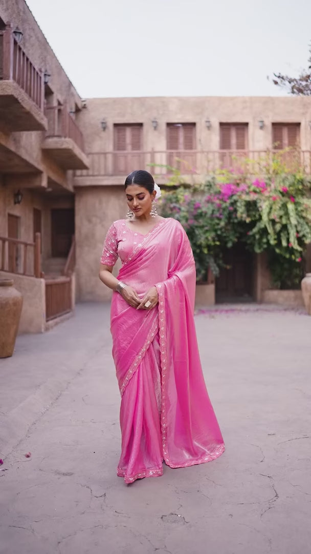 Pink Satin Silk Saree | Designer Embroidery Party & Wedding Wear