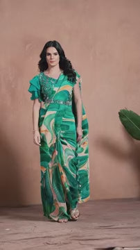 Stunning Green Saree in Satin Silk with Designer Blouse