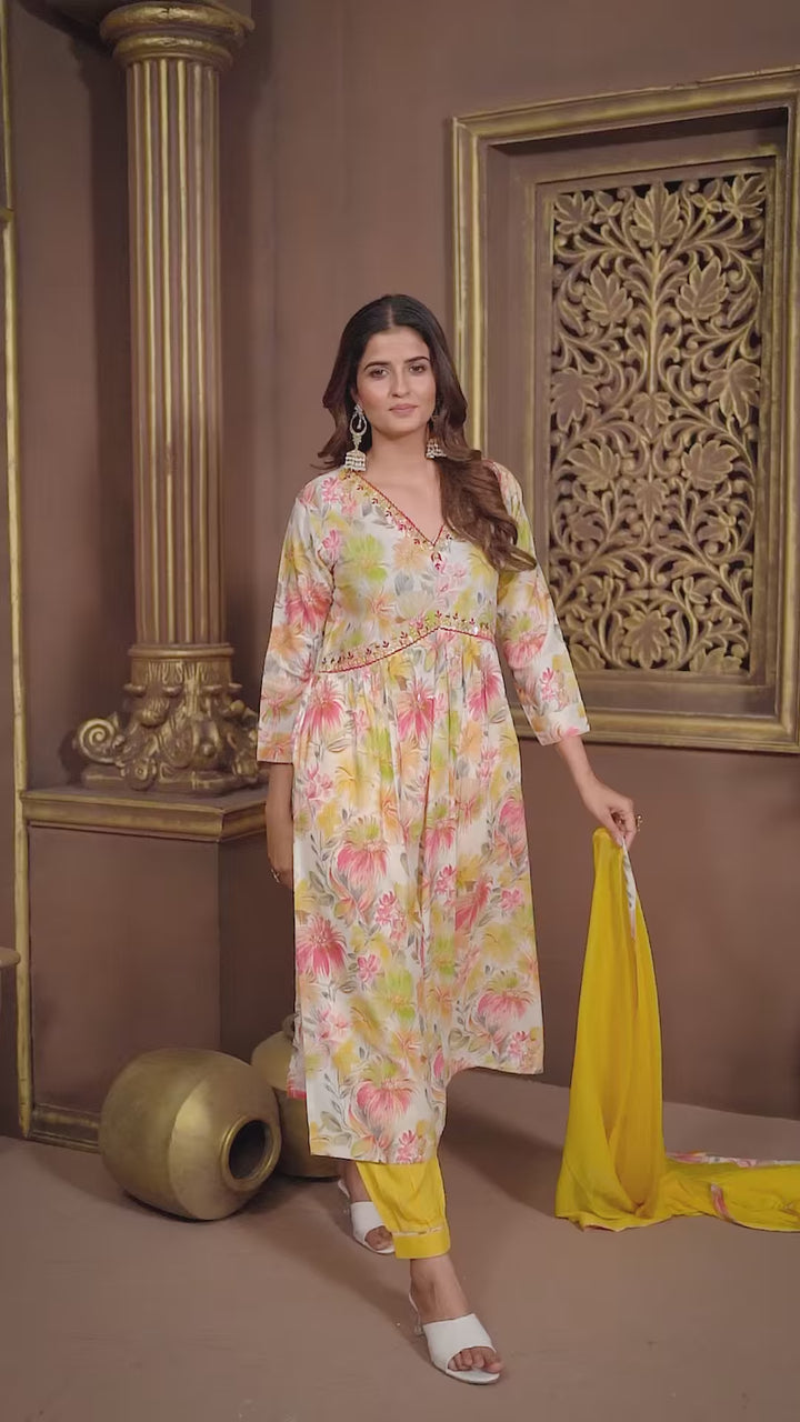 Yellow Floral Print A-Line Kurta Set | Trendy Kurti Set for Women