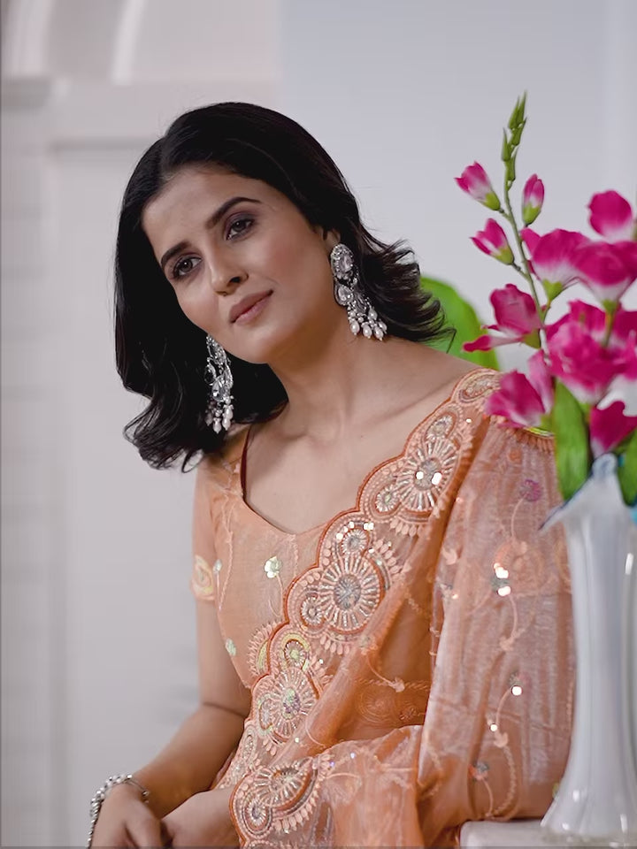 Designer Tissue Net Saree | Elegant Embroidery Work Wedding Special