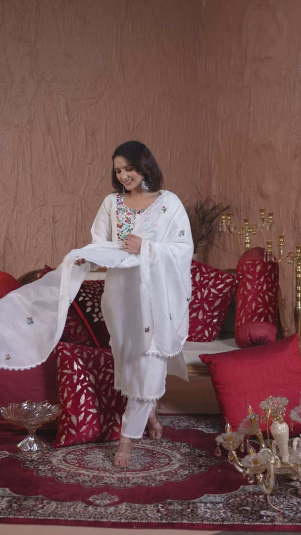 White Embroidered Chanderi Suit Set with Crepe Silk Dupatta