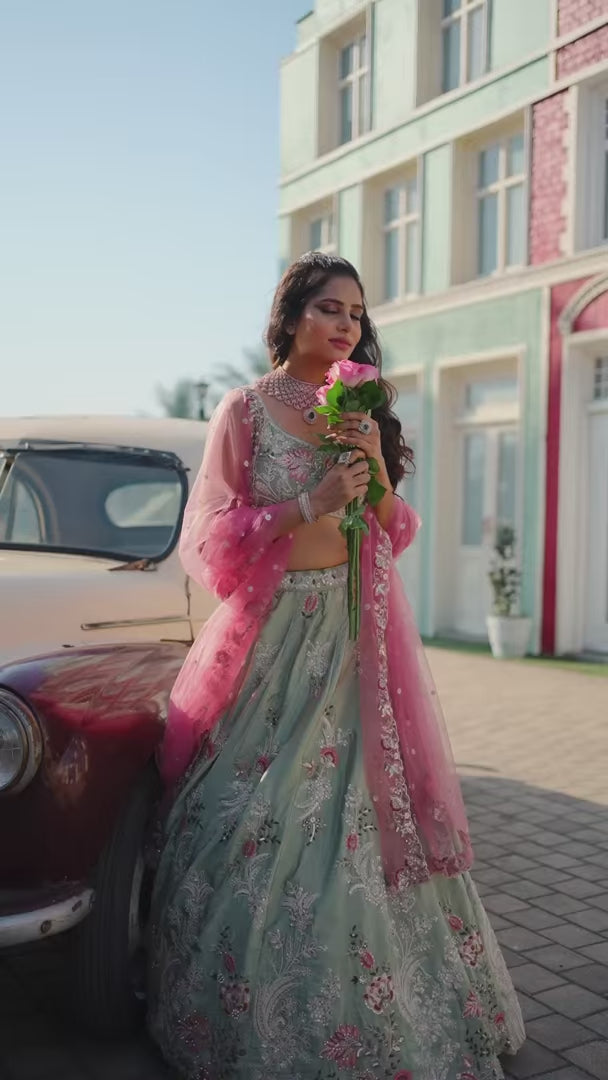 Stunning Satin Embroidered Lehenga | Net Dupatta for Grand Look