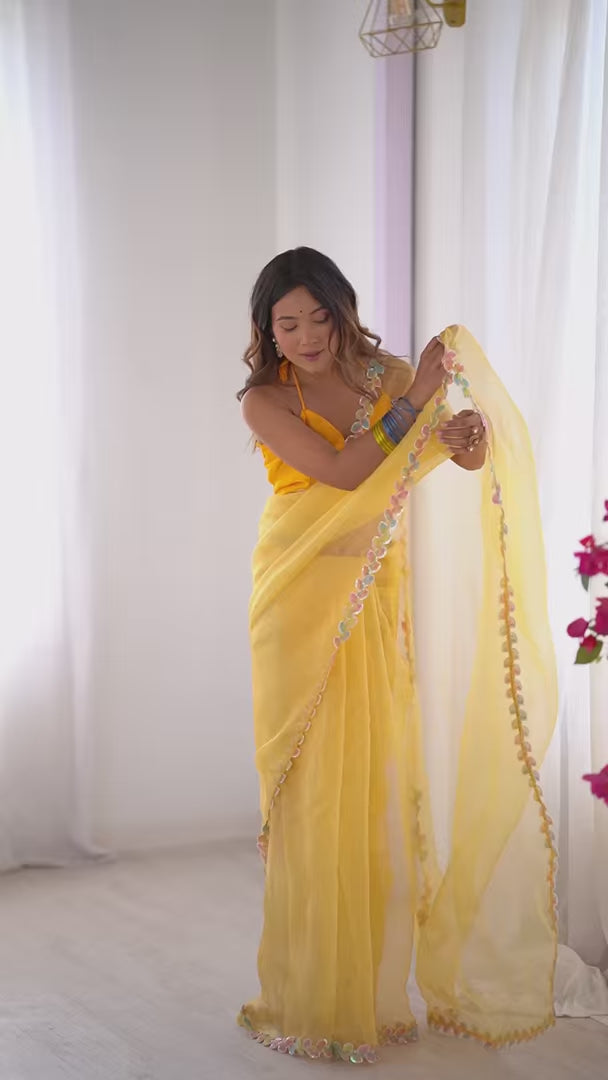Designer Yellow Lace Work Jimmy Choo Saree for Haldi Wear