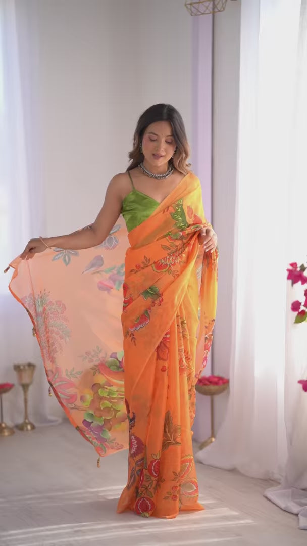 Charm in Every Drape – Designer Printed Orange Saree