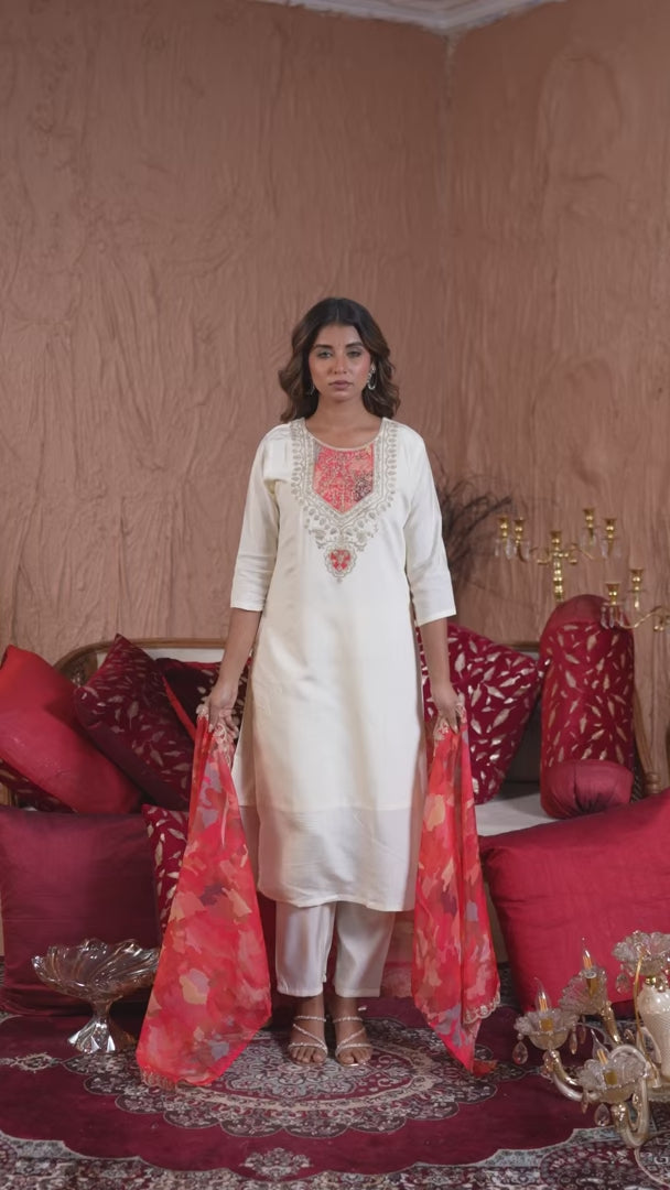 Stylish Off White Chanderi Silk Suit for Festive Wear