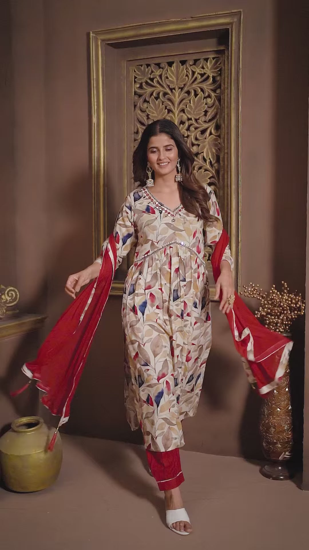 Elegant Floral Print Cream Rayon Pant Suit | Handwork Detailing on V-neck