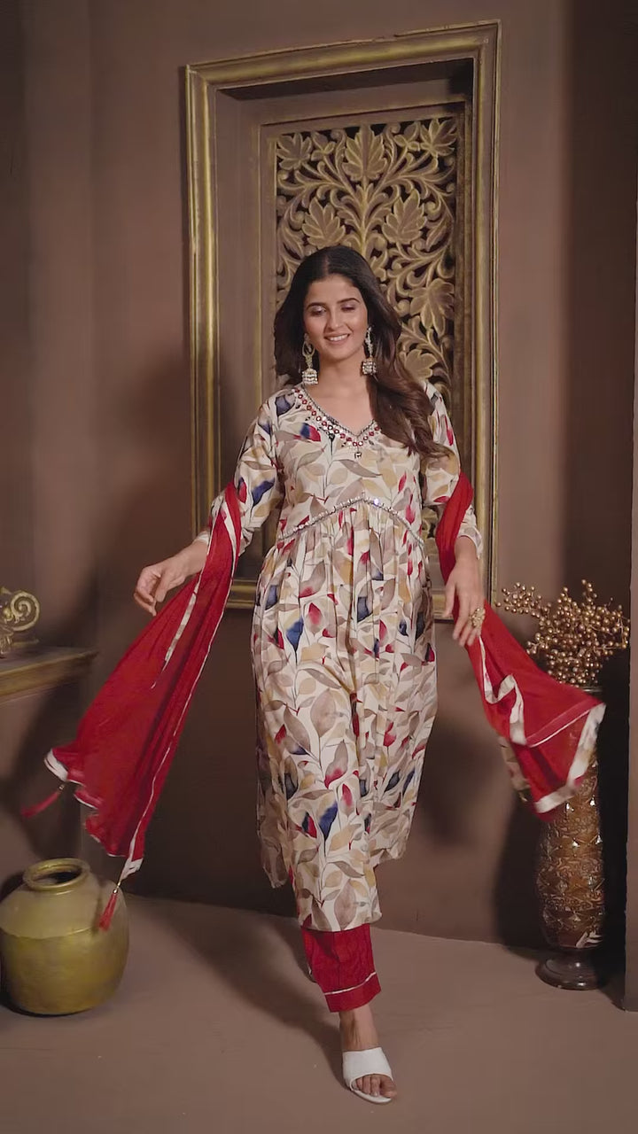 Elegant Floral Print Cream Rayon Pant Suit | Handwork Detailing on V-neck