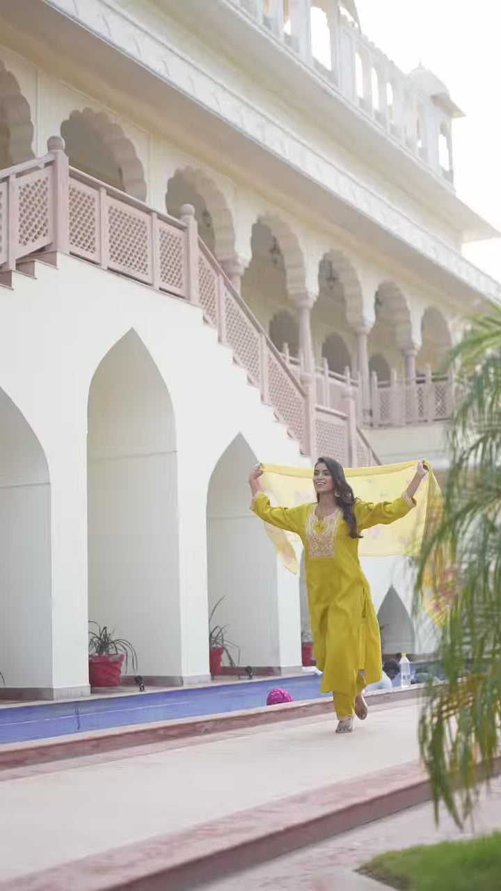Trendy Cotton Silk Suit in Yellow | Floral Printed & Embroidered Work