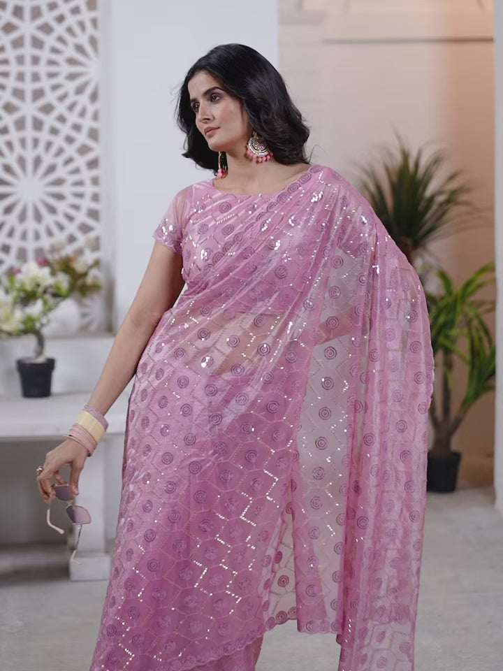 Designer Tissue Net Saree | Pite Embroidery & Sequins Festive Look