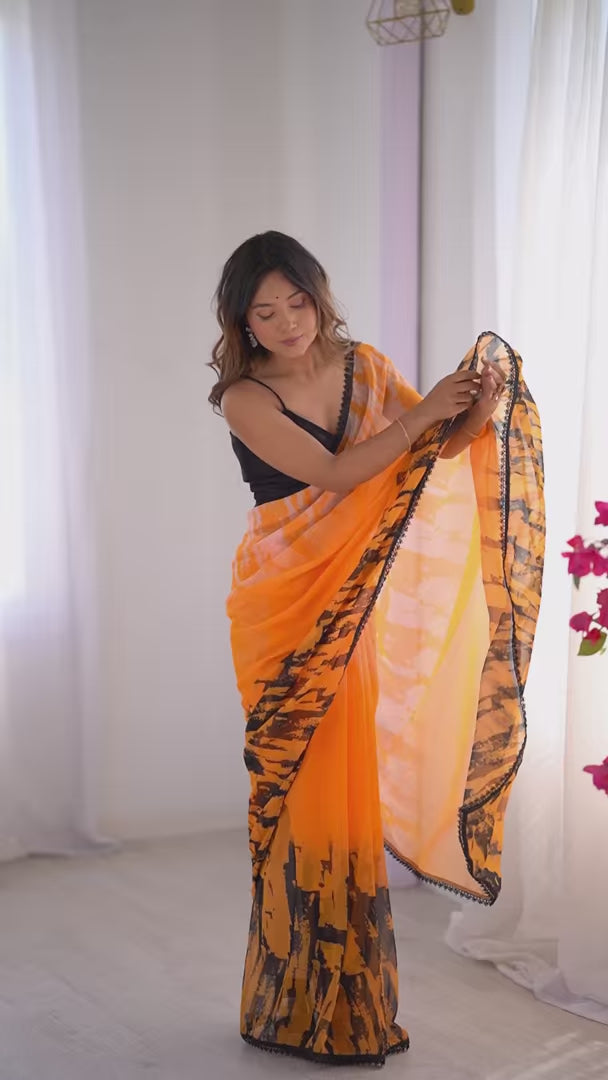 Orange Georgette Saree with Art Silk Designer Printed Blouse