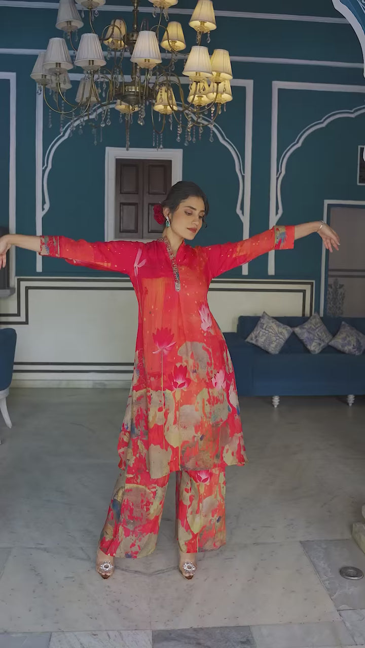 Elegant Orange Co-Ord Dress | Muslin Pair with Digital Prints & Hand Work