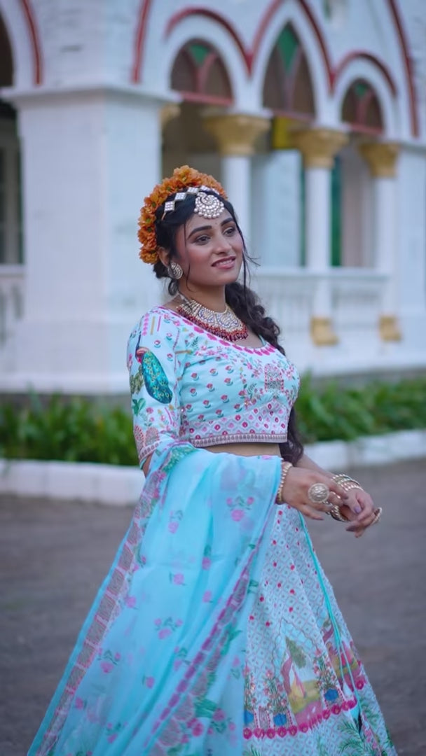 Graceful Sky Blue Lehenga Set with Organza Dupatta