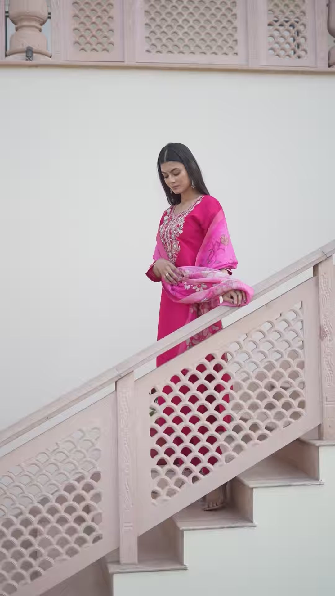 Rani Pink Cotton Silk Suit | Jequard Shimmer Dupatta with Embroidery Work