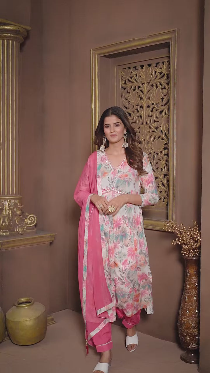 White Floral Printed Rayon Salwar Suit | Pink Salwar & Dupatta Set