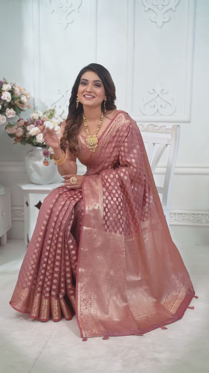 Designer Organza Saree | Gold Jari Weaving Lightweight & Festive Look