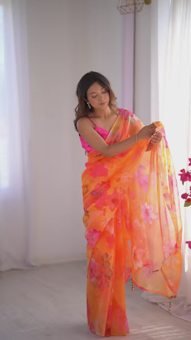 Fancy Orange Printed Saree in Organza Fabric Designer Look Set