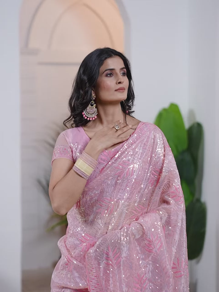 Tissue Net Saree | Designer Multi-Thread & Sequins Cut Work Embroidery