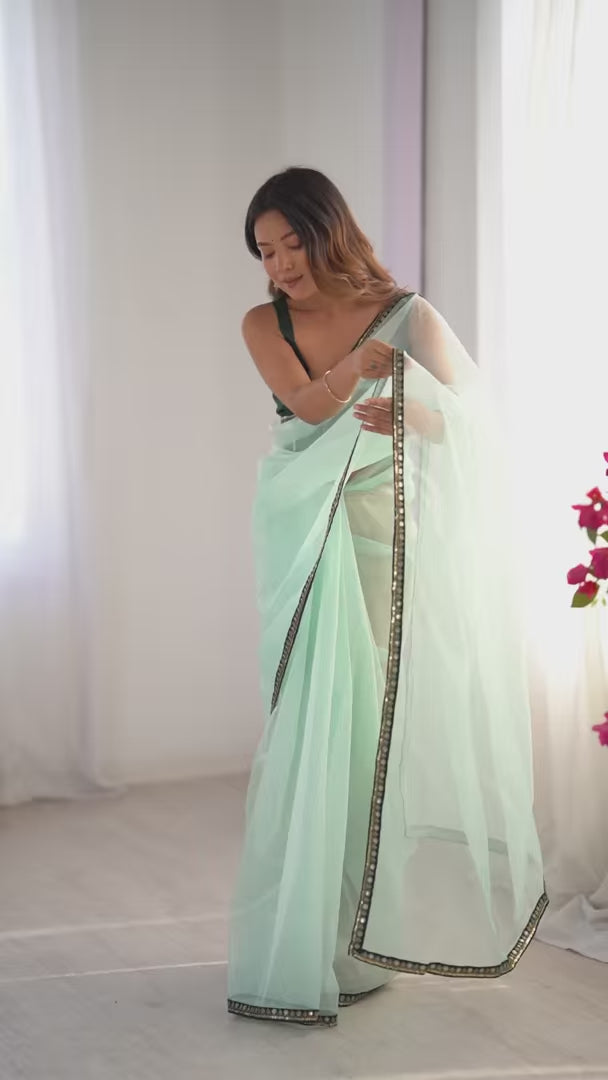 Sea Green Twill Net Saree with Embroidery Lace & Art Silk Blouse